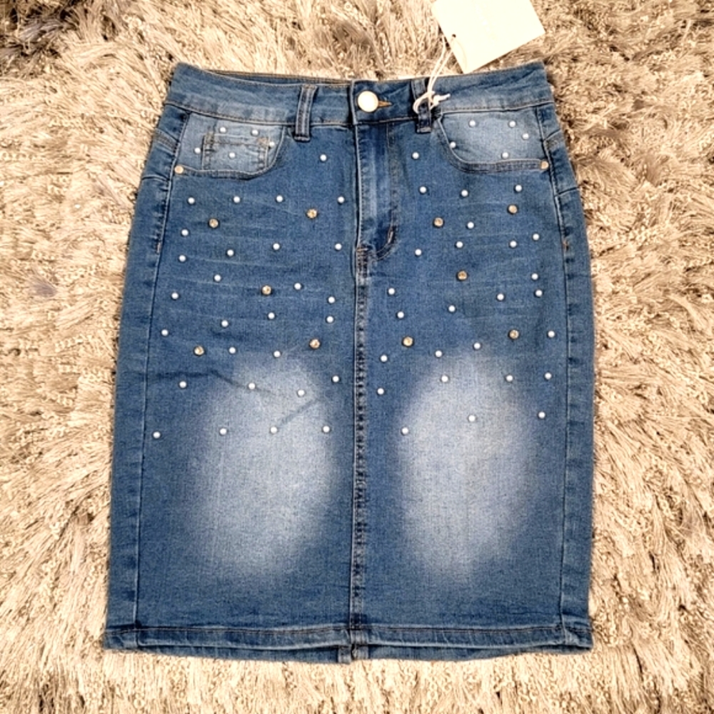 Oak & Poppy Denim Skirt w/ Rhinestone and Pearls
